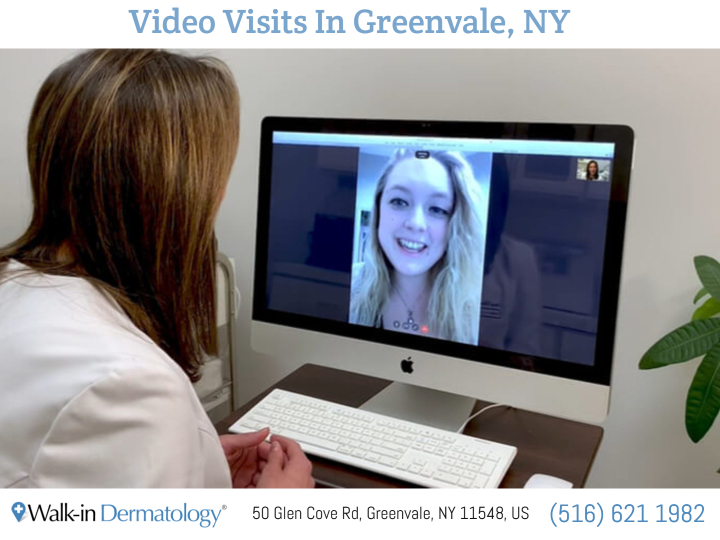 patient and dermatologist talking via video visit